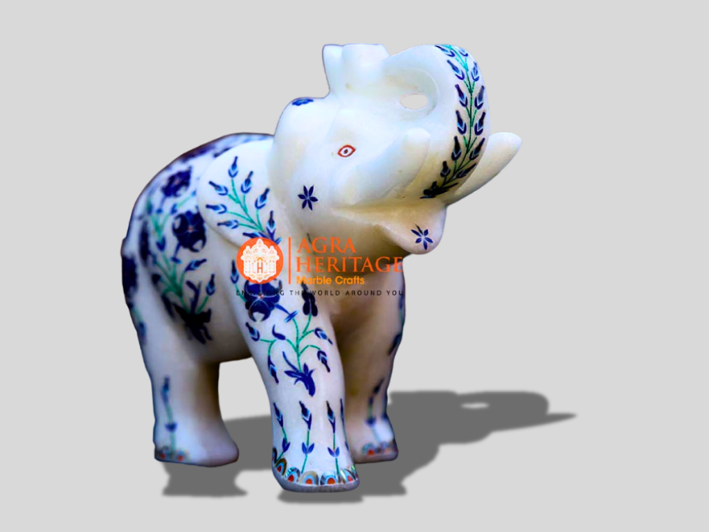 Decorative Marble Elephant Lapis Malachite Inlay Floral Arts